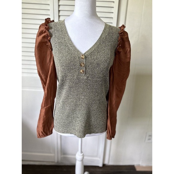 Anthropologie Current Air Contrast Sweater Puff Sleeve Size Medium - Picture 1 of 8